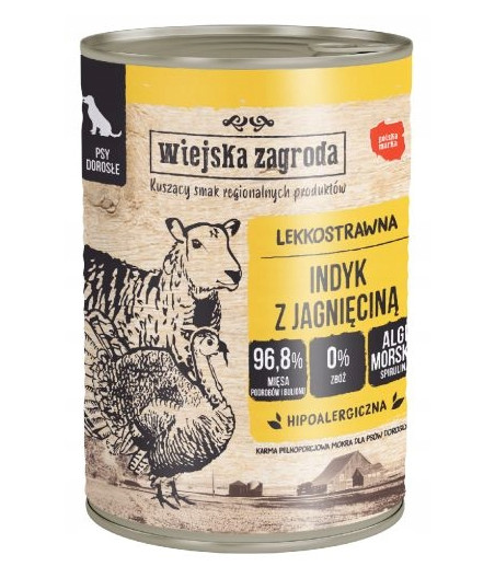 Wiejska Zagroda mokra karma dla PIES DOROSŁY Indyk z jagnięciną puszka 400g