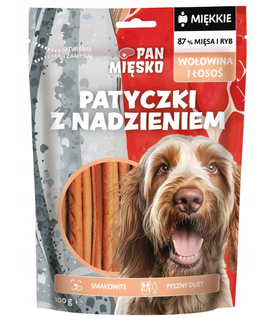 Pan Mięsko przysmak dla psa patyczki z WOŁOWINĄ I ŁOSOSIEM 100g