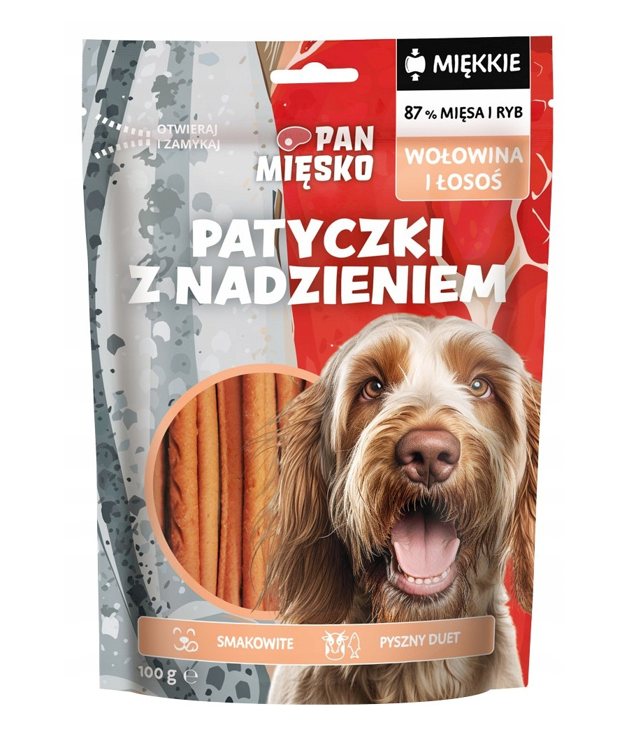 Pan Mięsko przysmak dla psa patyczki z WOŁOWINĄ I ŁOSOSIEM 100g Pan Mięsko przysmak dla psa patyczki z WOŁOWINĄ I ŁOSOSIEM 100g