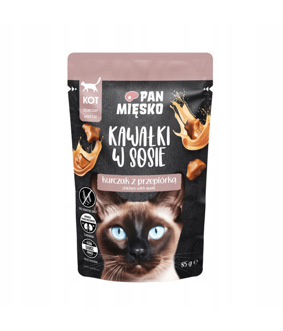 Pan Mięsko Karma mokra dla kota Kawałki w sosie Kurczak z przepiórką 1x85g