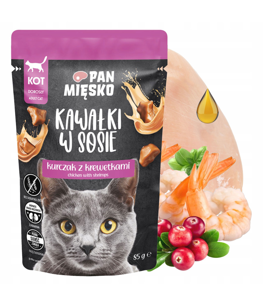 Pan Mięsko Karma mokra dla kota Kawałki w sosie Kurczak z krewetkami 85g