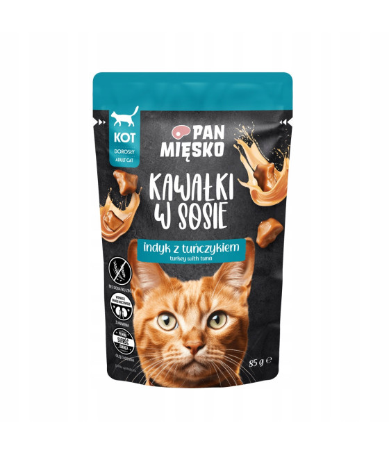PAN MIĘSKO MOKRA KARMA DLA KOTA SASZETKA KAWAŁKI INDYKA Z TUŃCZYKIEM 85G