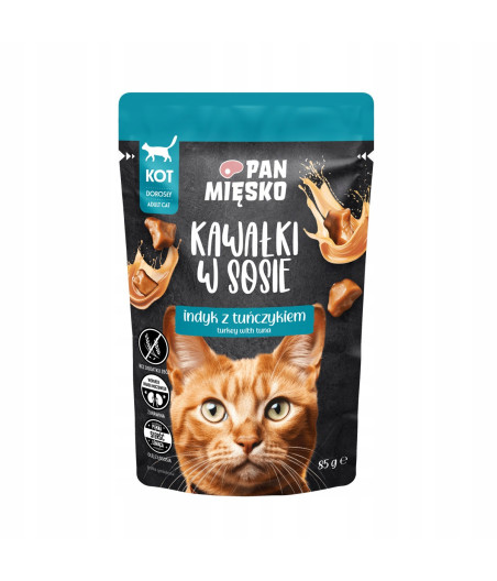 PAN MIĘSKO MOKRA KARMA DLA KOTA SASZETKA KAWAŁKI INDYKA Z TUŃCZYKIEM 85G
