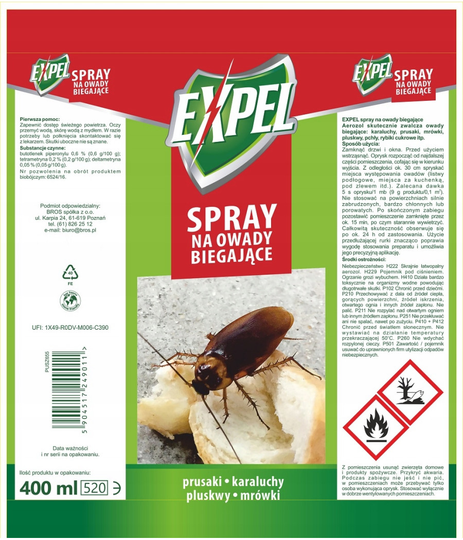 Rozpylacz, aerozol przeciwko karaluchom, mrówkom itp Bros 0,45 kg 400 ml
