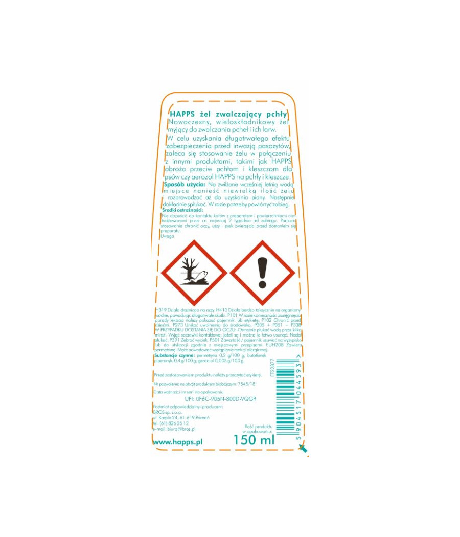 Krople na pasożyty Happs Żel zwalczający pchły 190 g 150 ml