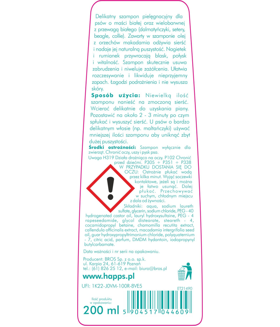 BROS HAPPS SZAMPON D/PSÓW JASNA SIERŚĆ 200ML