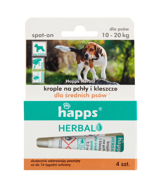 HAPPS Herbal krople na pchły i kleszcze dla psów średnich 10-20 kg, 4x2,5ml