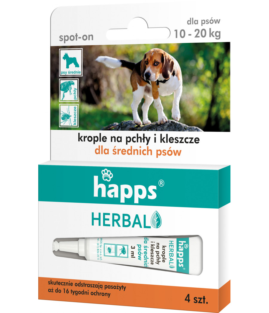 HAPPS Herbal krople na pchły i kleszcze dla psów średnich 10-20 kg, 4x2,5ml