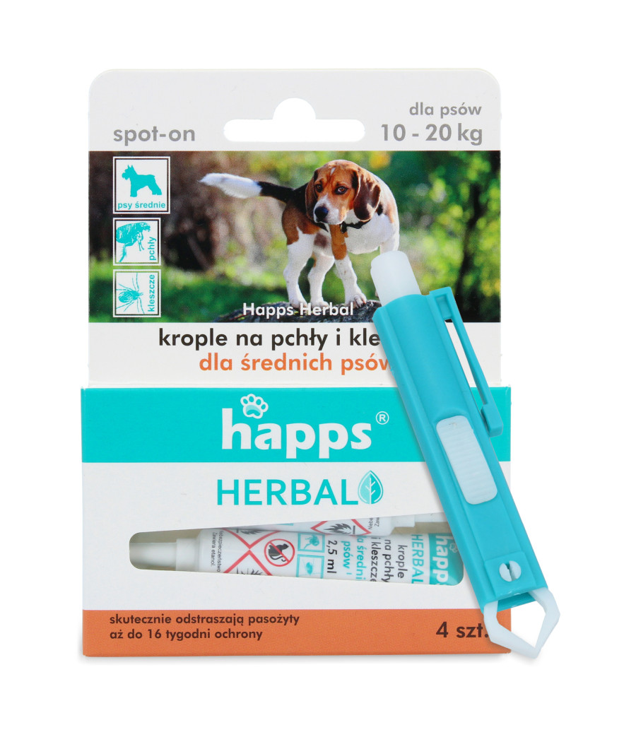 HAPPS Herbal krople na pchły i kleszcze dla psów średnich 10-20 kg, 4x2,5ml