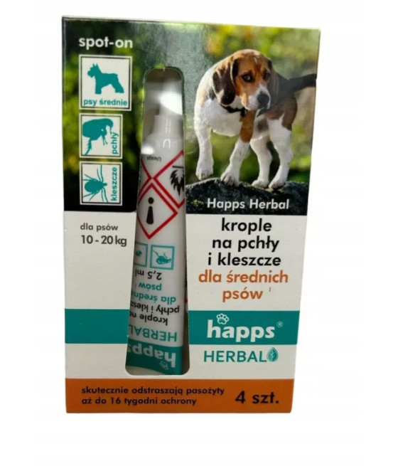 HAPPS Herbal krople na pchły i kleszcze dla psów średnich 10-20 kg, 4x2,5ml