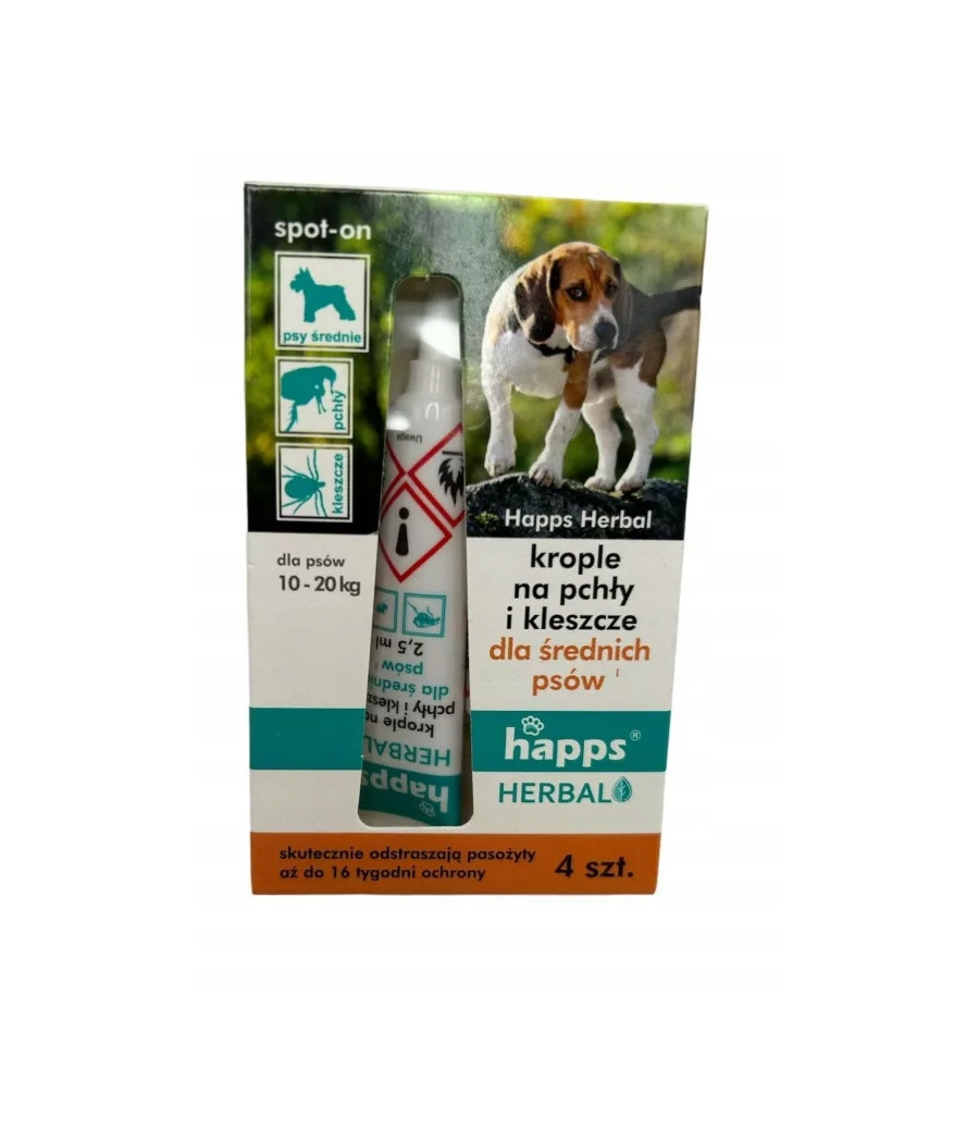 HAPPS Herbal krople na pchły i kleszcze dla psów średnich 10-20 kg, 4x2,5ml