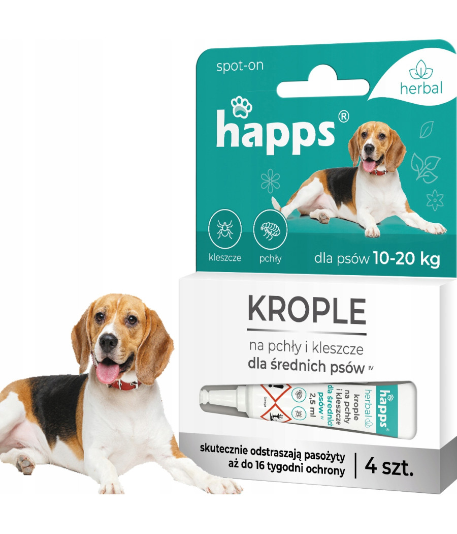 HAPPS Herbal krople na pchły i kleszcze dla psów średnich 10-20 kg, 4x2,5ml