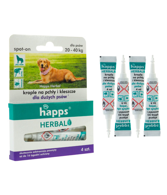 HAPPS Herbal krople na pchły i kleszcze dla psów małych 5-10 kg, 4 x 1 ml