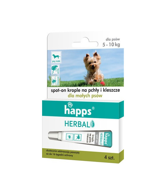 HAPPS Herbal krople na pchły i kleszcze dla psów małych 5-10 kg, 4 x 1 ml