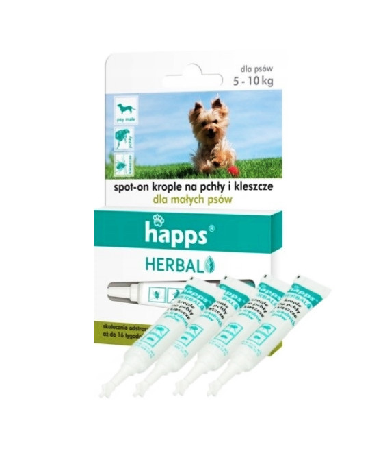 HAPPS Herbal krople na pchły i kleszcze dla psów małych 5-10 kg, 4 x 1 ml